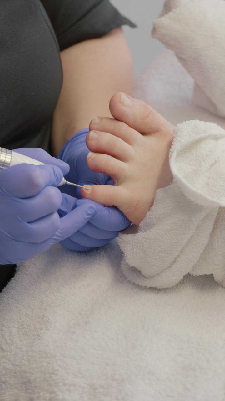 Mains gantées qui amincissent doucement un ongle d'orteil