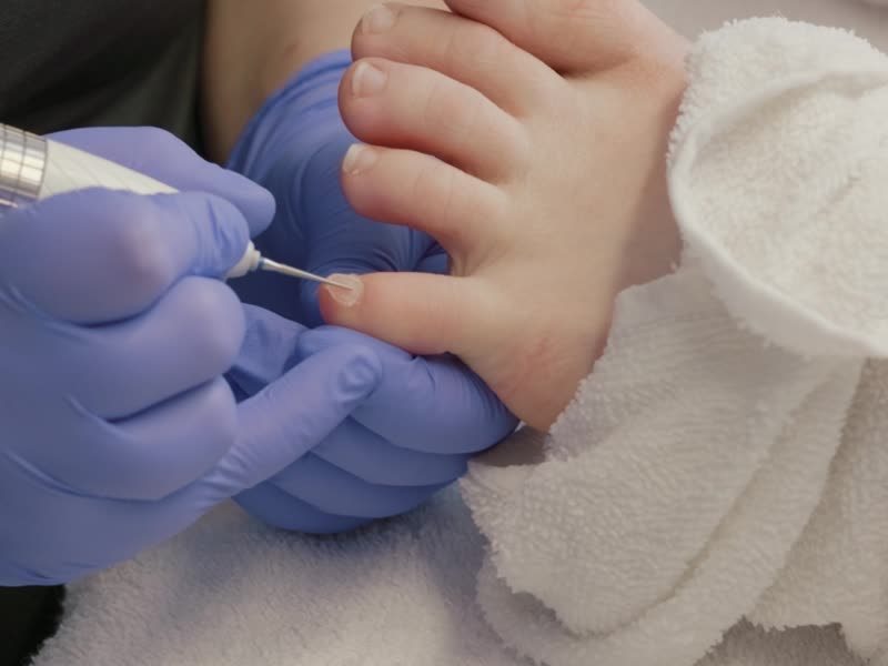 Gloved hands caring for a toenail with a gentle electric file